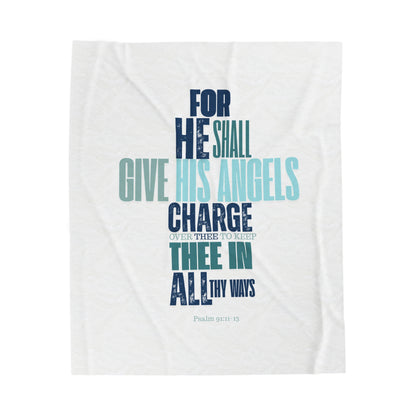 Velveteen Plush Blanket (White) He shall Give His Angels