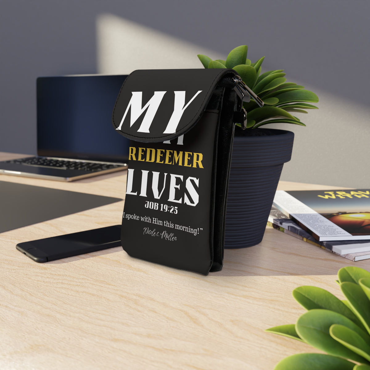 Small Phone Wallet — "My Redeemer Lives" Crossbody Bible Verse Purse