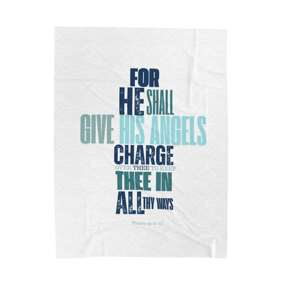 Velveteen Plush Blanket (White) He shall Give His Angels