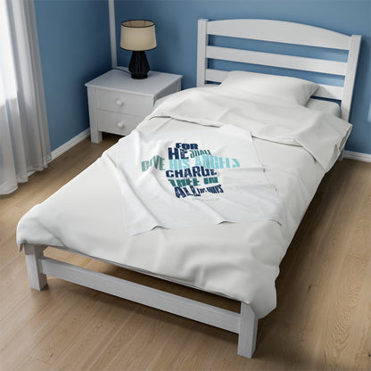 Velveteen Plush Blanket (White) He shall Give His Angels